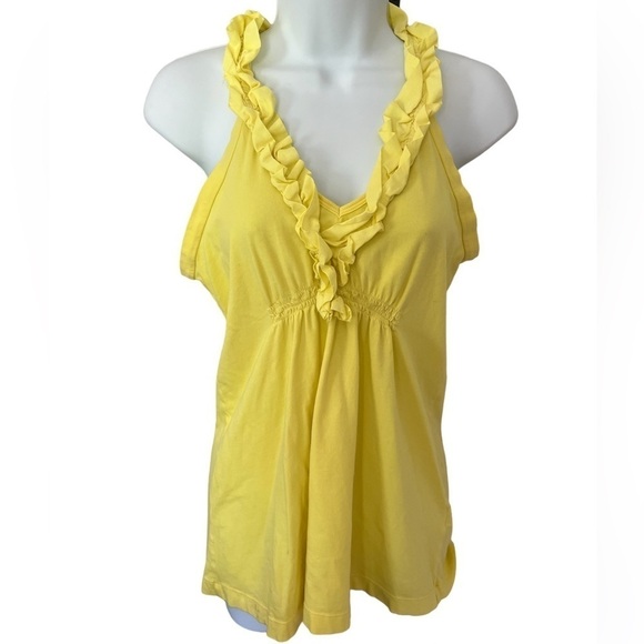 Theory Tops - Theory yellow sleeveless ruffle trim cotton blend v-neck top size medium